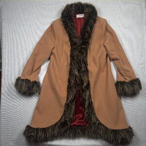 Vintage Jonathan Michael Wool Blend Faux Fur Trim Coat Camel Brown USA Made